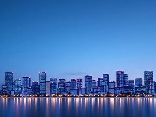 Fototapeta premium Modern city skyline at dusk with illuminated buildings reflecting on water