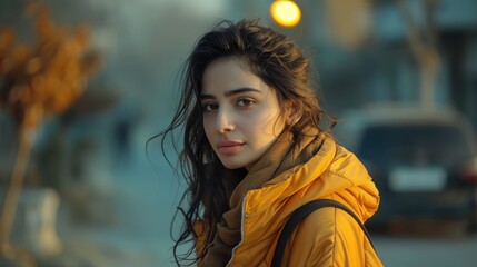 Obraz premium Thoughtful Woman in Yellow Jacket on Urban Street at Dusk, Reflecting on Life and Dreams with Natural Beauty