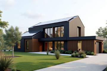 Obraz premium A Modern Sustainable house with sleek solar panels integrated into a flat roof, framed by minimalist landscaping.