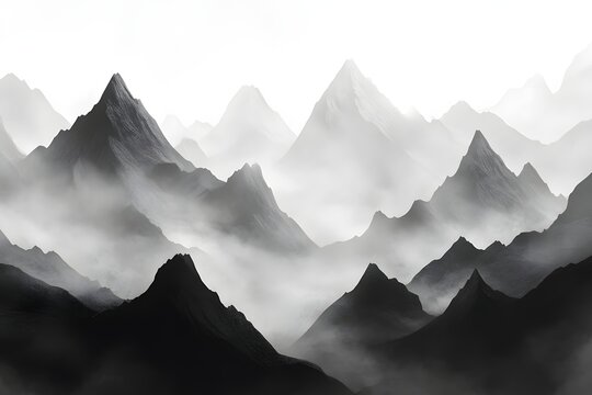 Dramatic black and white mountain landscape with mist rolling over jagged peaks, creating a moody and mysterious atmosphere