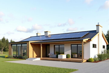 A Modern Sustainable house with sleek solar panels integrated into a flat roof, framed by minimalist landscaping.