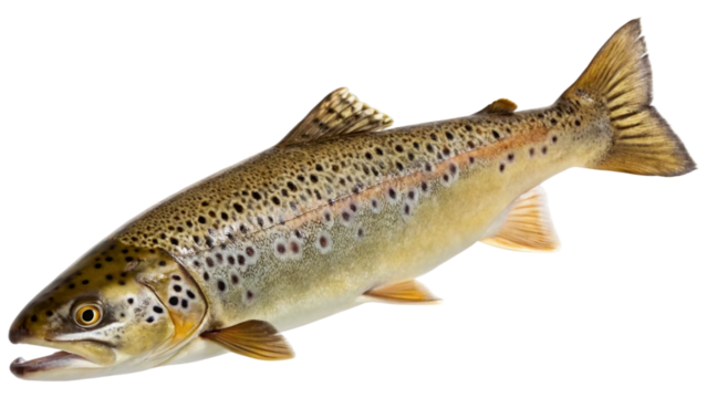 Single brown trout fish isolated on white background. Suitable for marketing or business purposes. PNG file