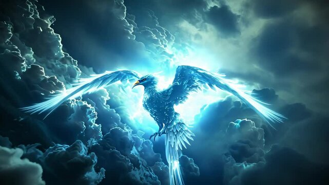 giant blue energy phoenix rising into the sky with cloud and lightning , fantasy ethereal atmosphere