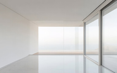 Modern minimalist room with panoramic glass windows and serene view at dusk