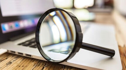 Close-up of laptop screen with search bar and magnifying glass icon, representing online privacy and data security concerns in digital age.