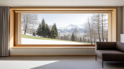 Snowy mountain view from a modern room with large window overlooking green grass