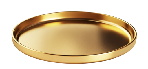 Gold round tray, made of metal, front view, transparent background, in PNG