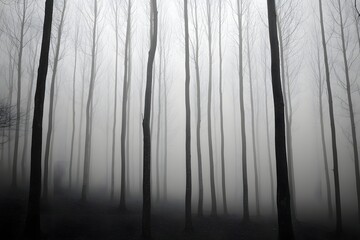 Foggy forest scene in grayscale, with tall, bare trees fading into the mist, creating a sense of depth and mystery