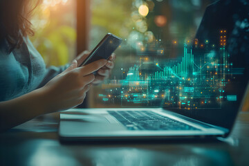 Analyzing financial data with mobile and laptop, A woman using her phone and laptop, the screen displays financial graphs representing stock market analysis, and investment strategies