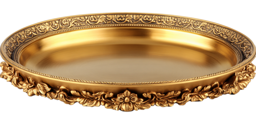 Gold round tray, made of metal, front view, transparent background, in PNG