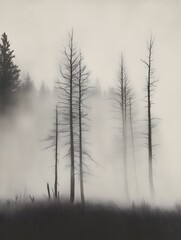 Foggy forest scene in grayscale, with tall, bare trees fading into the mist, creating a sense of depth and mystery