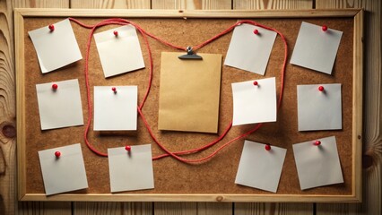 Detective board with blank paper linked by red thread, mystery solved, crime solving