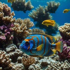 Describe the vibrant colors and unique patterns of a tropical fish swimming in a coral reef. How does it move? How does the sunlight affect the water around it?