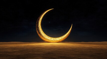Golden Crescent Moon and Illuminated Arabic Lantern on Sand Dune - Islamic Religious Concept