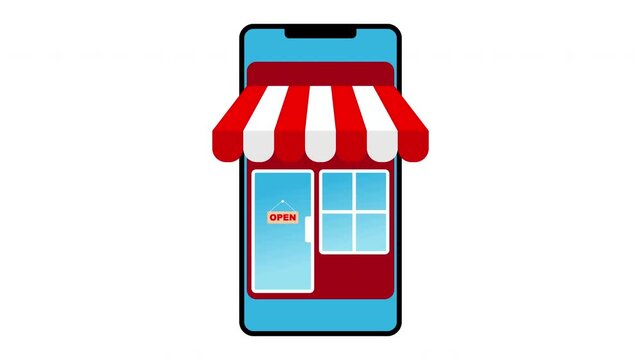 animated illustration of online store, ease of shopping in online store just by using smartphone, shopping bag.
