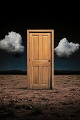 Surreal Wooden Door in Desert with Floating Clouds at Night