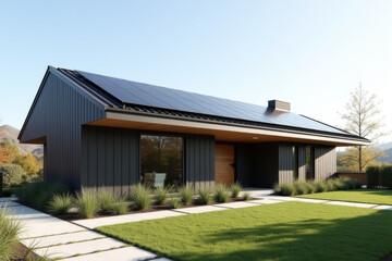 Fototapeta premium A Modern Sustainable house with sleek solar panels integrated into a flat roof, framed by minimalist landscaping.