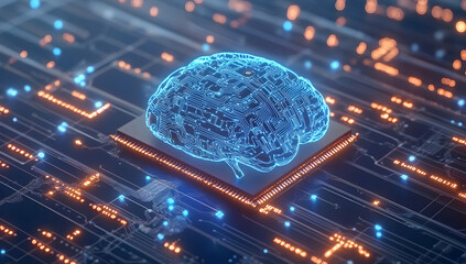 Artificial intelligence concept represented by a digital brain on a circuit board, showcasing the integration of technology and human intelligence systems