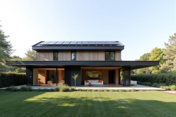 A Modern Sustainable house with sleek solar panels integrated into a flat roof, framed by minimalist landscaping.