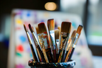 Artistic Brush Collection, A Close-Up of Bristles, Colors, and the Creative Process for Painters and Illustrators Displayed in High-Quality Image