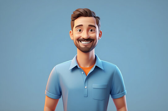 A cheerful cartoon man with a friendly smile wears a blue polo shirt on a light blue backdrop.