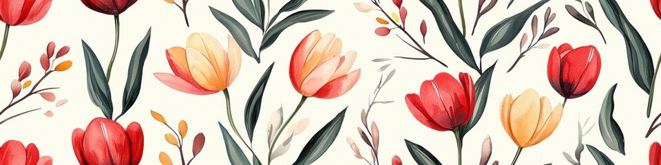A vibrant floral pattern featuring red, yellow, and peach tulips intertwined with green leaves on a light background.