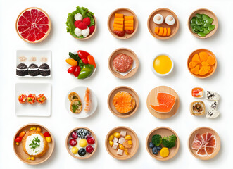 Assorted culinary delights showcasing a variety of appetizing dishes and healthy snacks, presented in an appealing arrangement on a clean white background