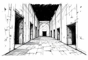 Fototapeta premium black and white perspective sketch of a long corridor with arched doorway 