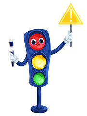 Vector drawing of a traffic light with a sign "Attention". For printed products, printing, games.
