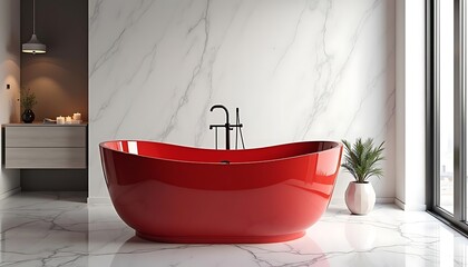 Modern Red Freestanding Tub in Marble Bathroom