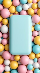 Colorful pastel spheres surrounding a mint phone artistic layout studio setting top-down view playful concept