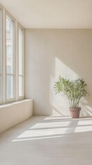 Fototapeta premium Bright and minimalistic interior with a potted plant and natural light streaming in