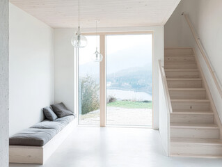 Fototapeta premium Modern minimalist interior with scenic view in a bright and open space