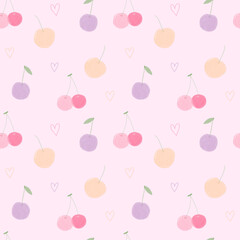 Cute seamless pattern cherries fruit and hearts on pastel pink background 