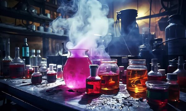 Alchemist's glowing potion brews in smoky lab