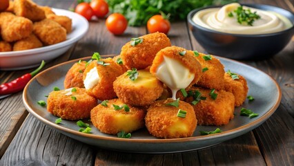 Fototapeta premium Crispy fried chili cheese nuggets on a plate with melted mozzarella and cheddar cheese, served in a modern dining setting , dinner plate, cheesy nuggets