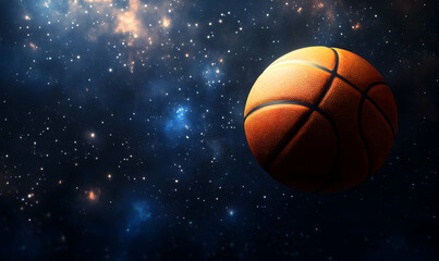 Fototapeta premium Basketball in the Cosmos, A High-Resolution Depiction of a Sports Ball Floating Amidst a Starry Galaxy Backdrop, Perfect for Illustrative Purposes