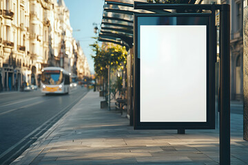 Blank Billboard Mockup on City Street, Public Transport Advertising Display and Marketing Space for Designers with Modern Architecture in the Background