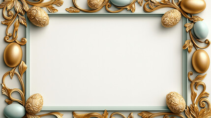 Elegant Gold And Light Blue Easter Eggs Frame On Beige Background