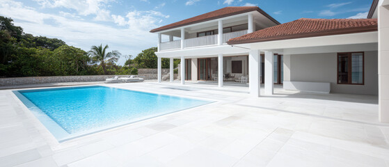 Fototapeta premium Modern villa with a stunning pool under a clear blue sky in a tropical location
