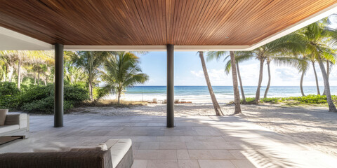 Obraz premium Luxurious beachfront view from a modern villa on a sunny day