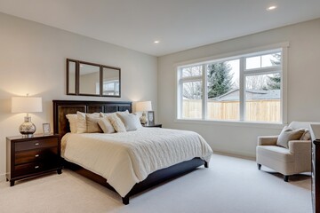 Modern bedroom with large window, beige bedding, and dark brown furniture.