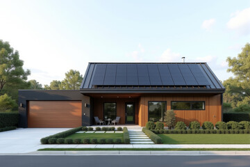 Naklejka premium A Modern Sustainable house with sleek solar panels integrated into a flat roof, framed by minimalist landscaping.
