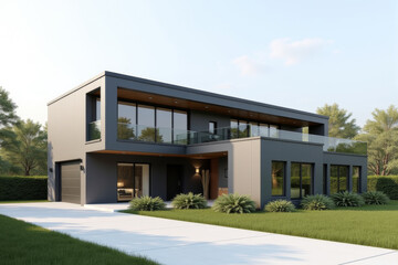 Fototapeta premium A Modern Sustainable house with sleek solar panels integrated into a flat roof, framed by minimalist landscaping.