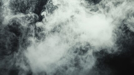 Swirling cloud of white smoke set against dark black background. Ethereal mist, mysterious dramatic atmosphere, texture depth. Designs of mystery, magic, transformation.