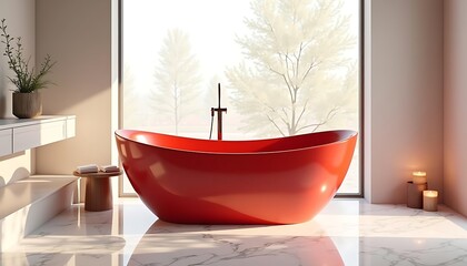 Modern Red Freestanding Bathtub in Minimalist Bathroom