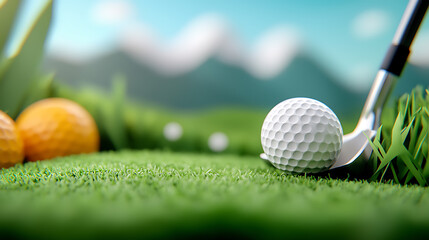 Naklejka premium Golf club and ball closeup on green grass outdoor sports scene nature background vibrant golfing environment