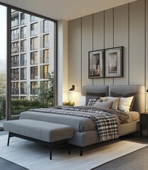 Modern bedroom with large window, city view, and upholstered bed.