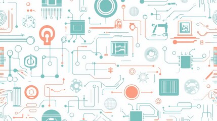 Abstract Technology Background with Circuit Patterns and Geometric Shapes in Soft Colors