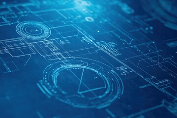 Obraz premium Abstract Technology Blueprint Design with Geometric Shapes and Lines in Blue Tones